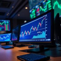 Forex trading monitors displaying GBP/JPY candlestick chart with upward momentum toward 214.50 resistance level