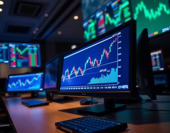 Forex trading monitors displaying GBP/JPY candlestick chart with upward momentum toward 214.50 resistance level