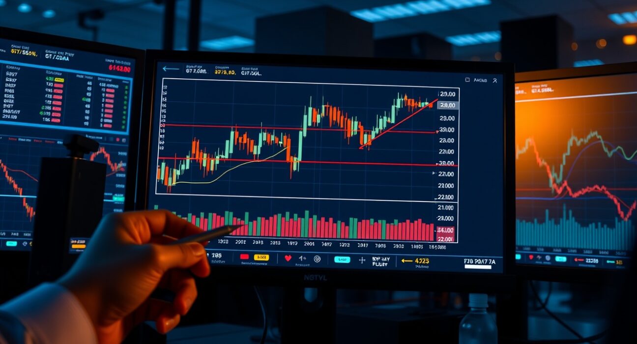 GBP/JPY candlestick chart on a trading monitor showing price action near the 218.00 support level.