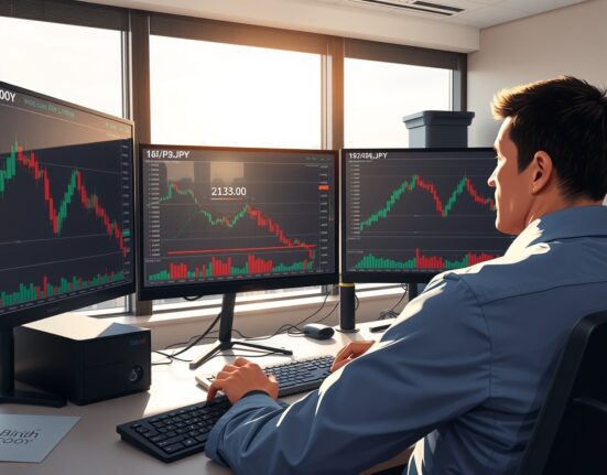 GBP/JPY forex chart analysis showing bearish flag pattern at 213.00 resistance level on trading desk monitors.