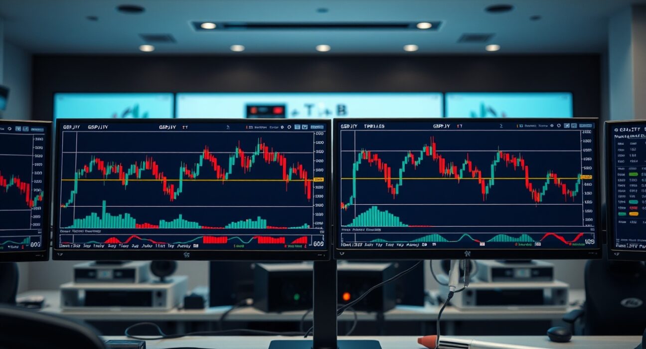 Forex trading monitors displaying GBP/JPY candlestick charts with bearish trend below 212.00 level