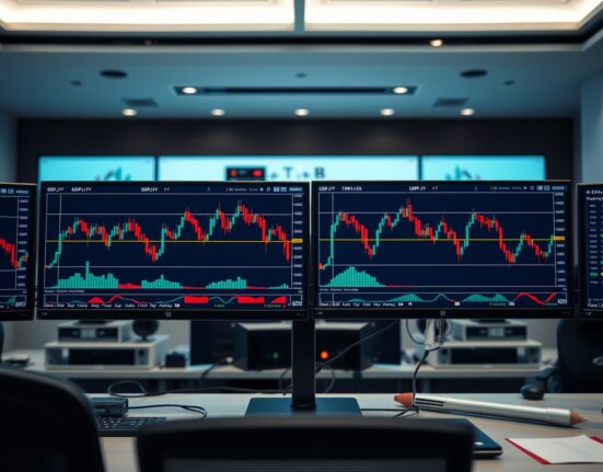 Forex trading monitors displaying GBP/JPY candlestick charts with bearish trend below 212.00 level