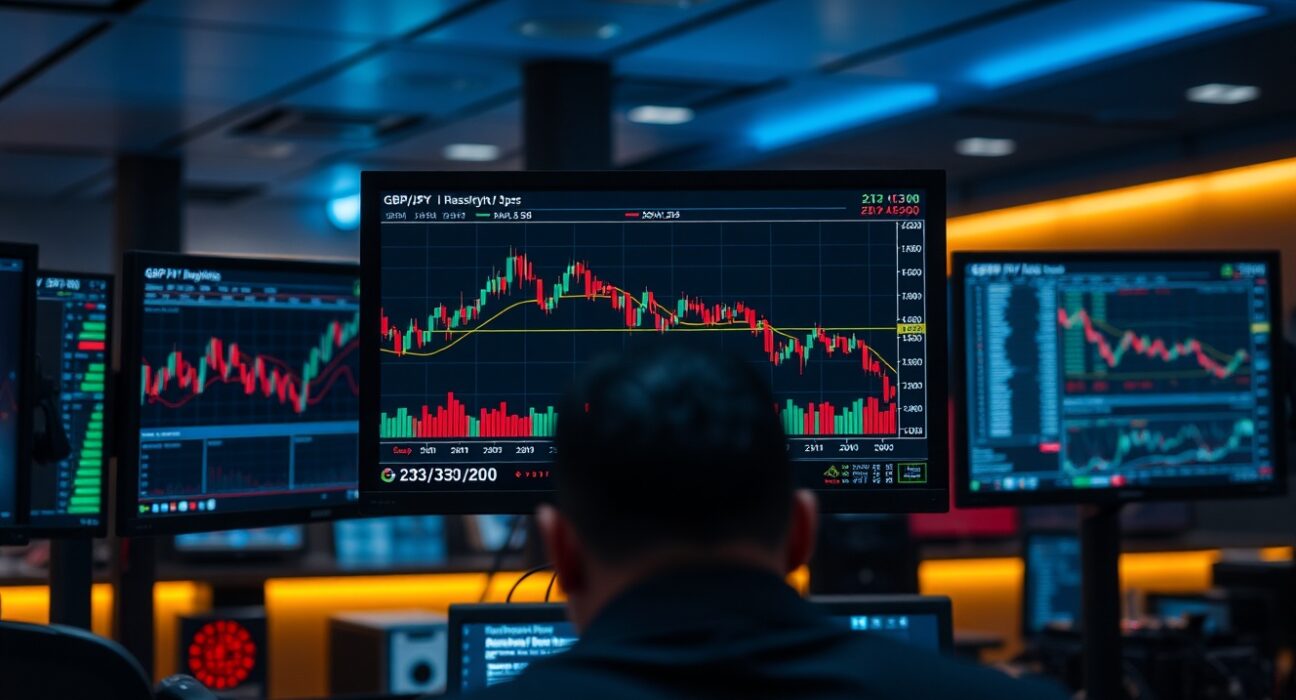 Trading monitors showing GBP/JPY chart with downward trend below 213.00 level