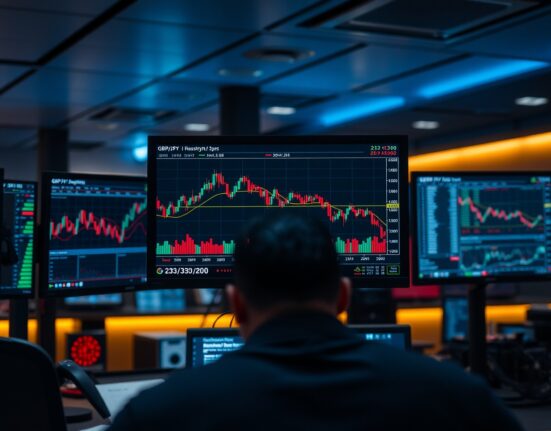 Trading monitors showing GBP/JPY chart with downward trend below 213.00 level