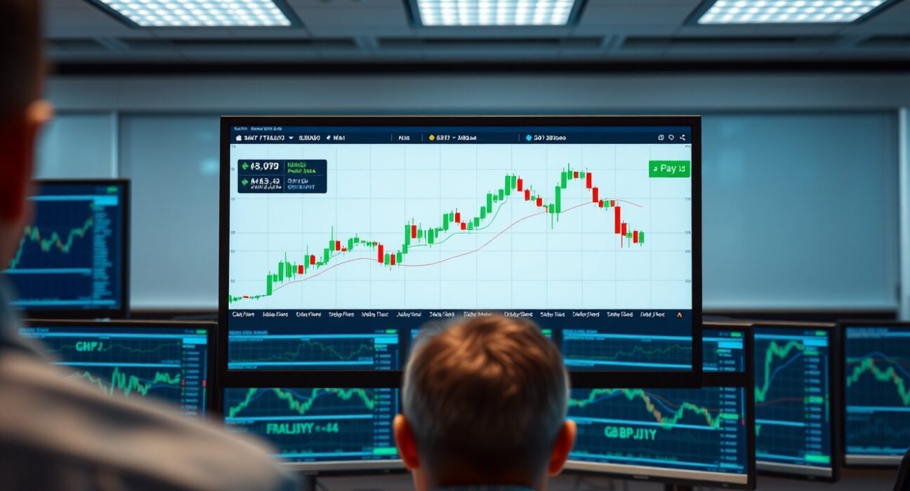 Professional forex trading desk with GBP/JPY chart showing bullish trend and positive RSI and MACD indicators