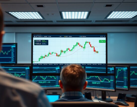 Professional forex trading desk with GBP/JPY chart showing bullish trend and positive RSI and MACD indicators