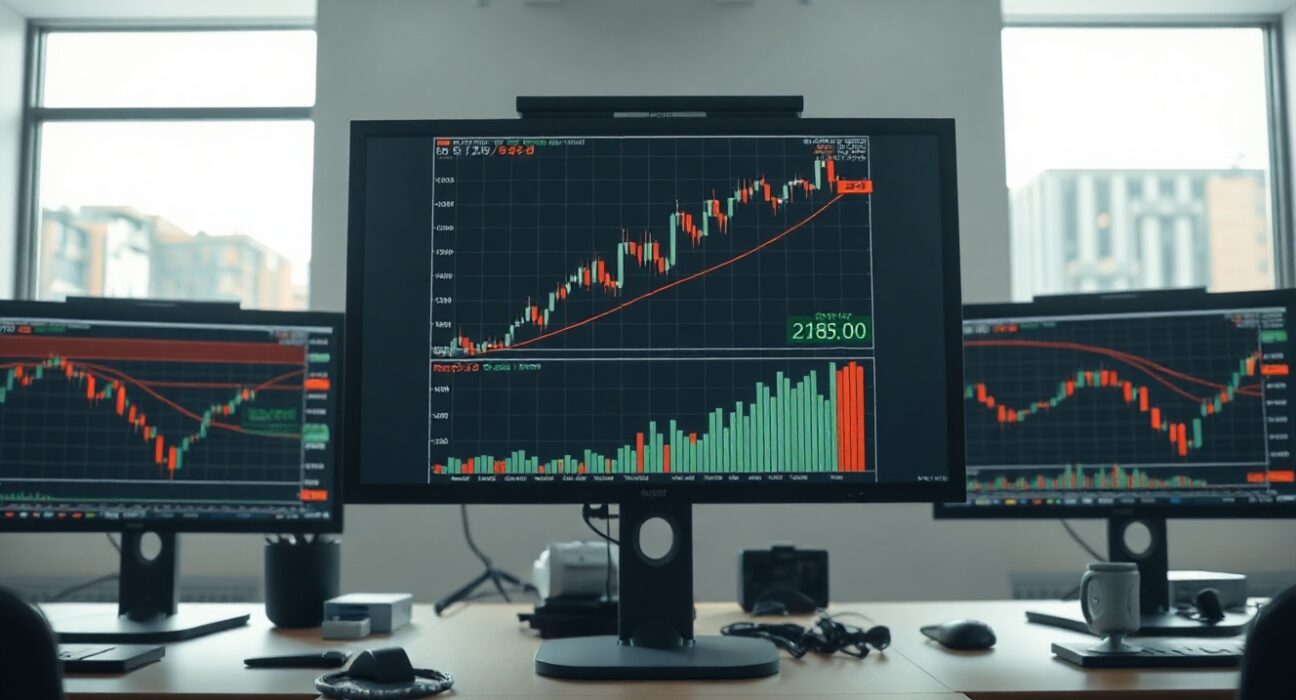 Financial trading desk monitors showing GBP/JPY chart with price near 218.00 all-time high