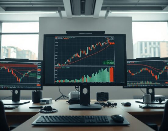 Financial trading desk monitors showing GBP/JPY chart with price near 218.00 all-time high