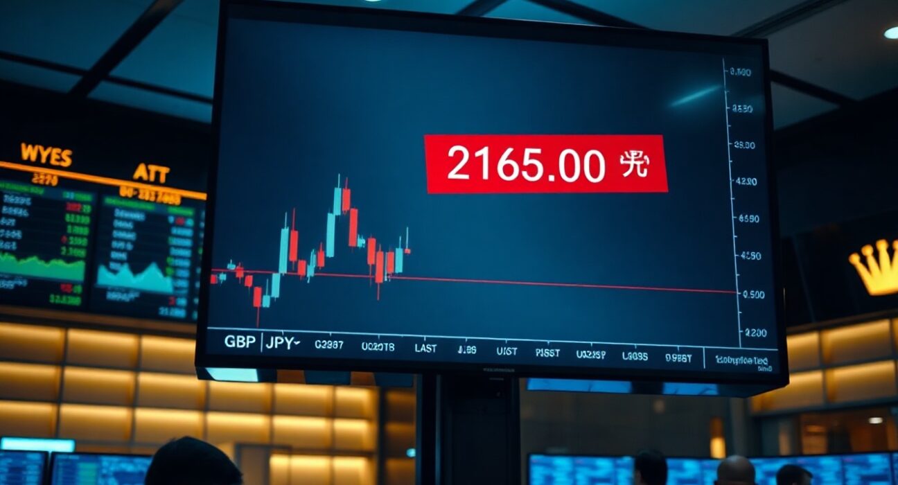 GBP/JPY trading chart approaching 216.00 level with intervention risk warning on trading floor monitors.