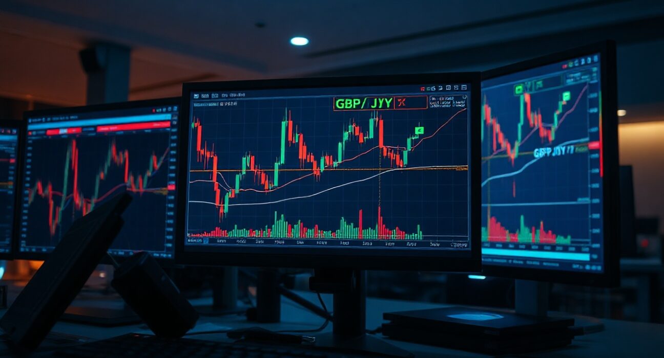 Financial chart showing GBP/JPY uptrend with moving average lines on a trading desk monitor