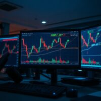 Financial chart showing GBP/JPY uptrend with moving average lines on a trading desk monitor