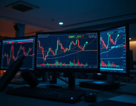 Financial chart showing GBP/JPY uptrend with moving average lines on a trading desk monitor