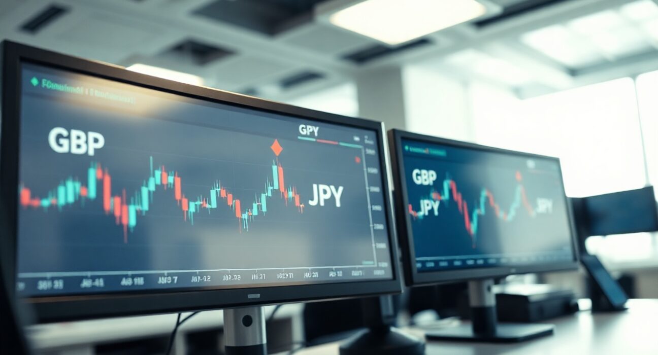 Financial trading monitors displaying GBP/JPY candlestick charts with upward price movement in a modern trading environment