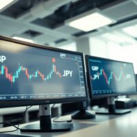 Financial trading monitors displaying GBP/JPY candlestick charts with upward price movement in a modern trading environment