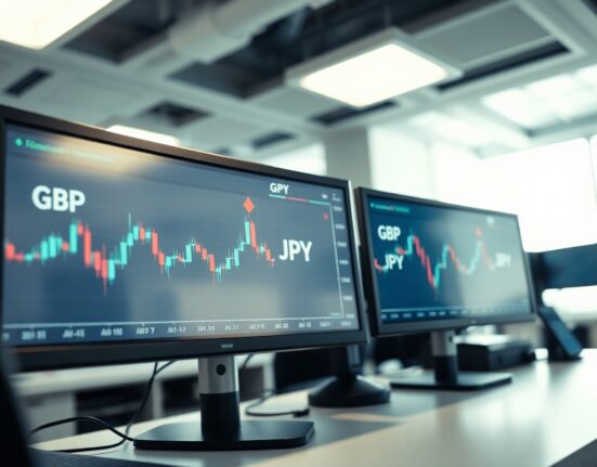 Financial trading monitors displaying GBP/JPY candlestick charts with upward price movement in a modern trading environment