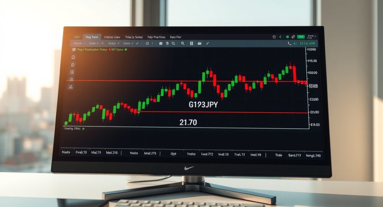 GBP/JPY candlestick chart on trading screen showing price near 213.70 resistance level