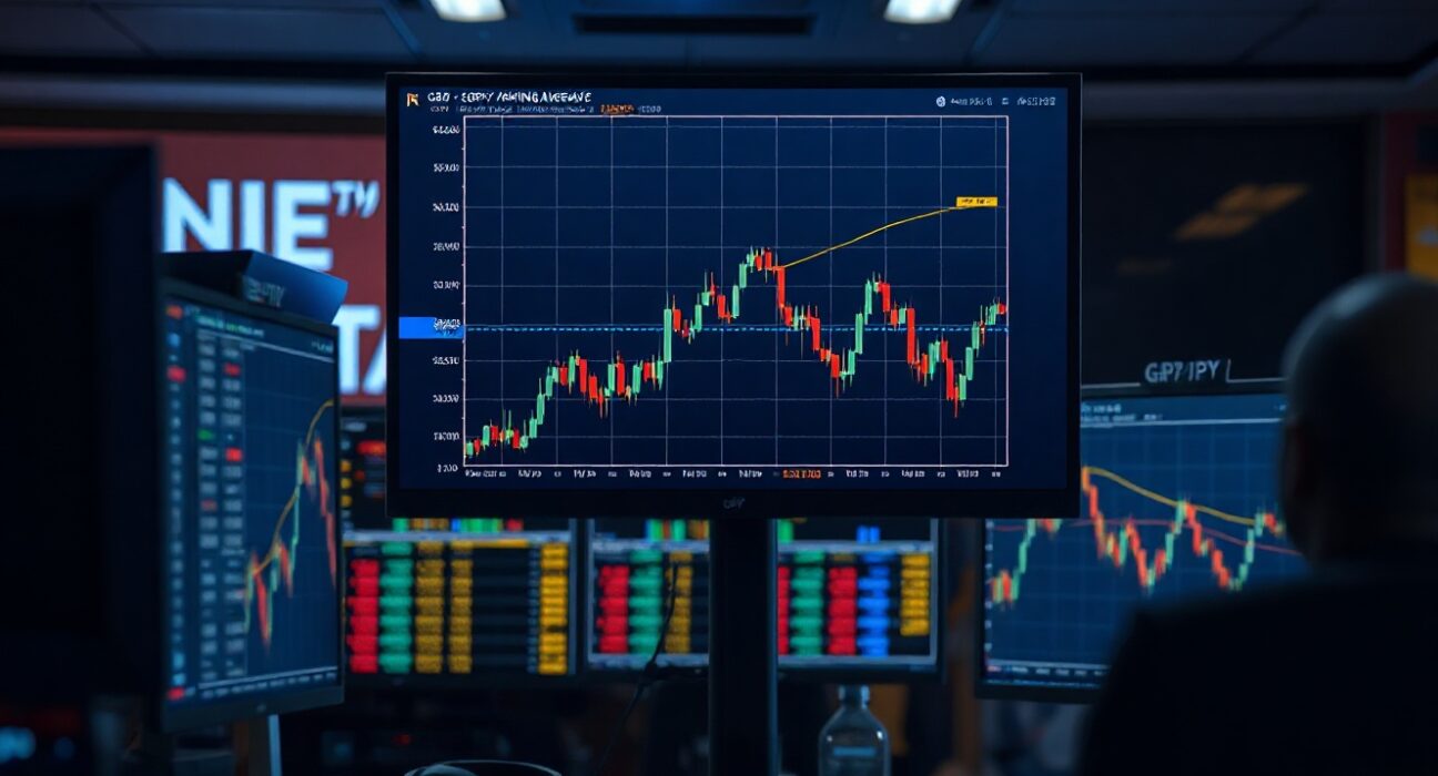 Forex trading monitors showing GBP/JPY chart with 100-day SMA line and bearish price action