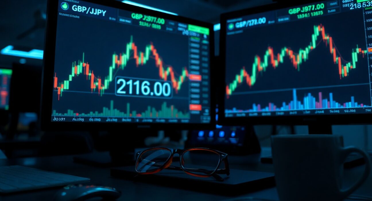 Financial trading desk with monitors showing GBP/JPY candlestick charts and price level near 216.00