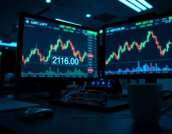 Financial trading desk with monitors showing GBP/JPY candlestick charts and price level near 216.00