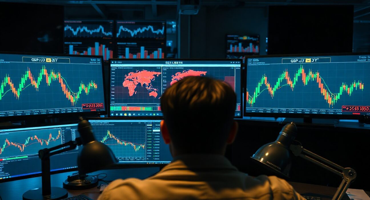 GBP/JPY currency chart on trading monitors amid geopolitical risk from US-Iran conflict