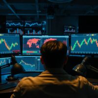 GBP/JPY currency chart on trading monitors amid geopolitical risk from US-Iran conflict