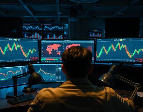 GBP/JPY currency chart on trading monitors amid geopolitical risk from US-Iran conflict