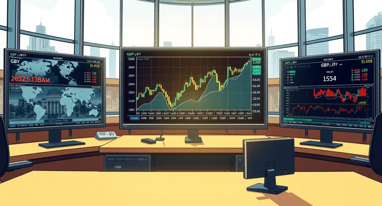 GBP/JPY currency pair chart surging on trading desk monitors as oil prices impact the Japanese Yen.