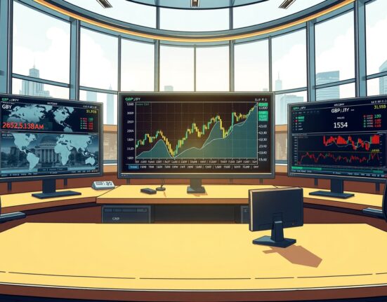 GBP/JPY currency pair chart surging on trading desk monitors as oil prices impact the Japanese Yen.