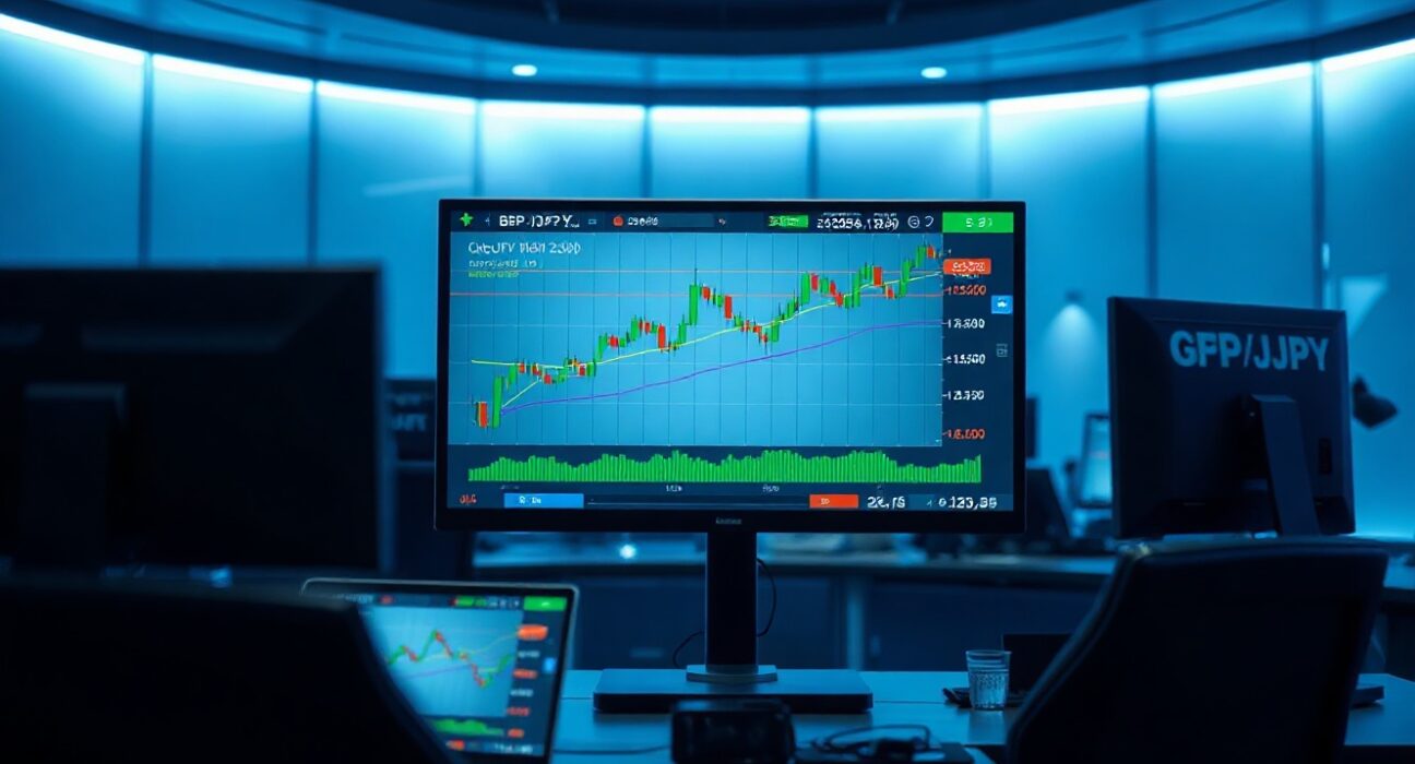 Trading desk monitors displaying GBP/JPY chart showing strong upward rally