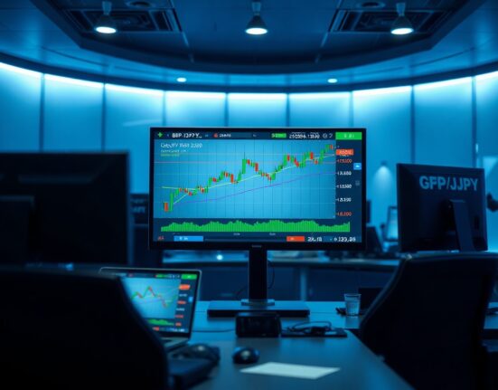 Trading desk monitors displaying GBP/JPY chart showing strong upward rally