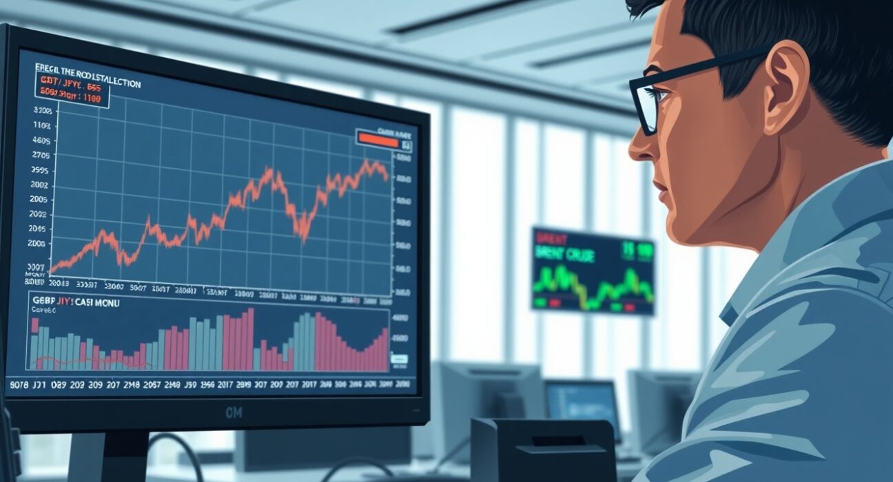 Trader analyzes GBP/JPY rally and rising oil prices on financial market monitors.