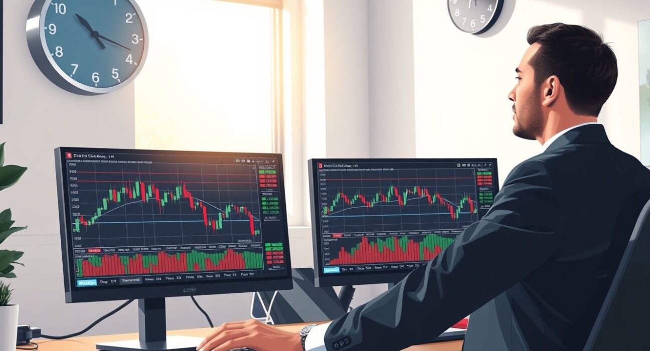GBP/JPY currency pair analysis on trading desk monitors showing consolidation pattern