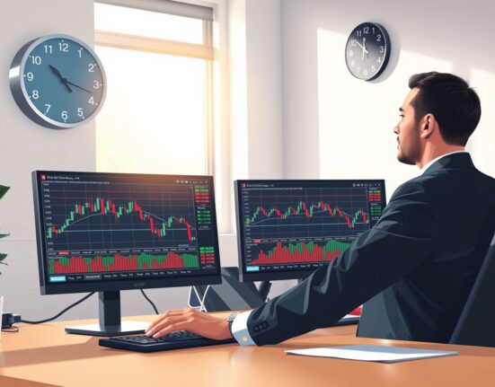 GBP/JPY currency pair analysis on trading desk monitors showing consolidation pattern