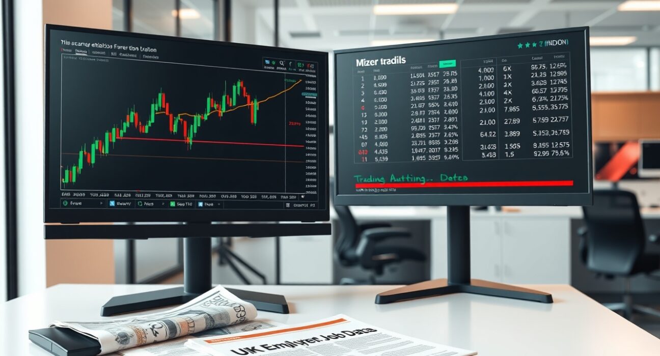 GBP/JPY forex chart analysis on trading desk following UK employment data release.
