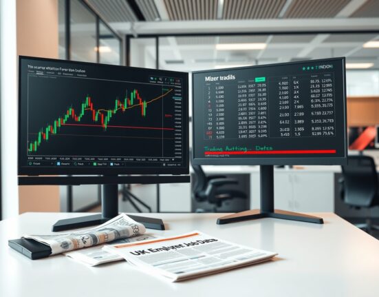 GBP/JPY forex chart analysis on trading desk following UK employment data release.