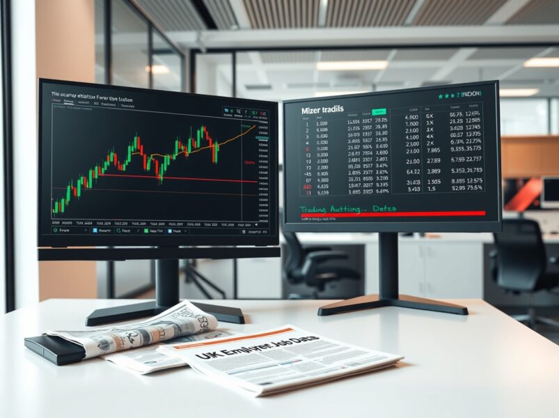 GBP/JPY forex chart analysis on trading desk following UK employment data release.