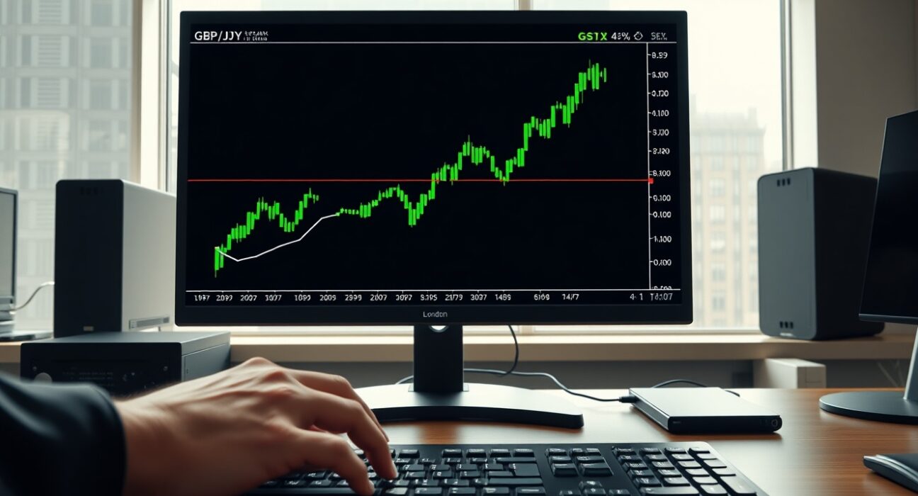 GBP/JPY currency chart showing recovery trend on professional trading desk monitor