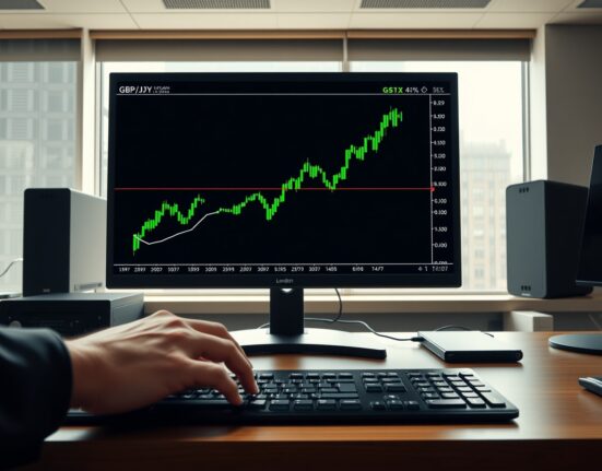 GBP/JPY currency chart showing recovery trend on professional trading desk monitor