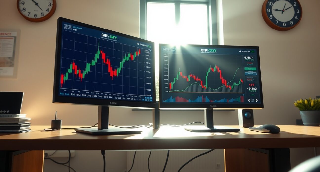 GBP/JPY currency pair trading analysis showing recovery on professional trading desk monitors
