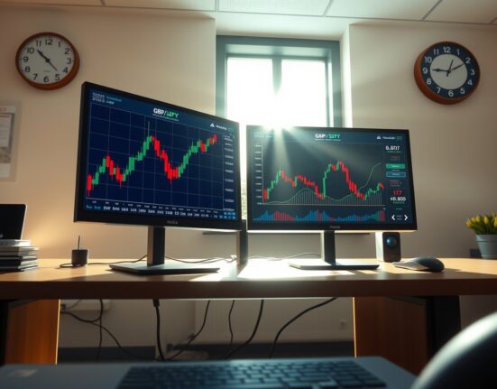 GBP/JPY currency pair trading analysis showing recovery on professional trading desk monitors