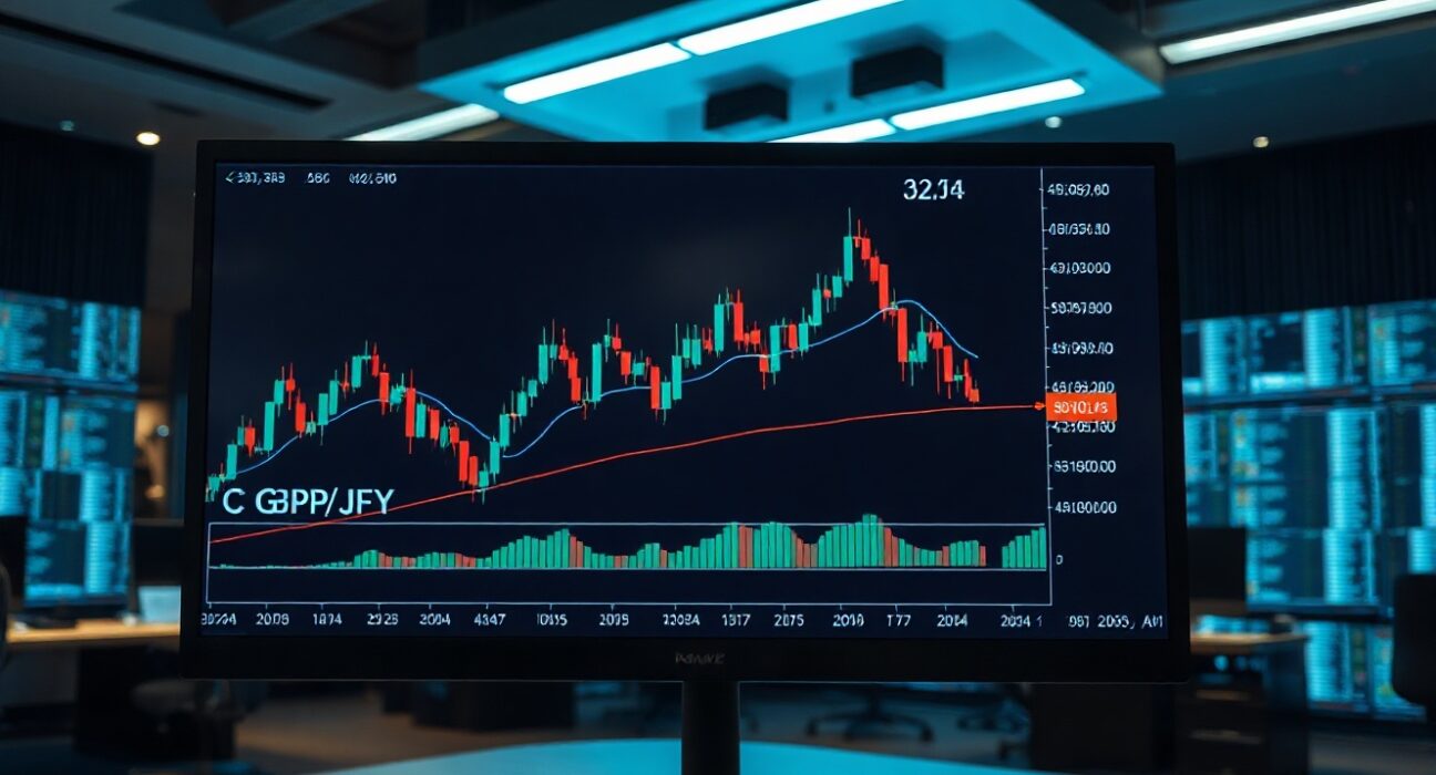 GBP/JPY forex chart with 50-day SMA on a trading monitor in a professional office