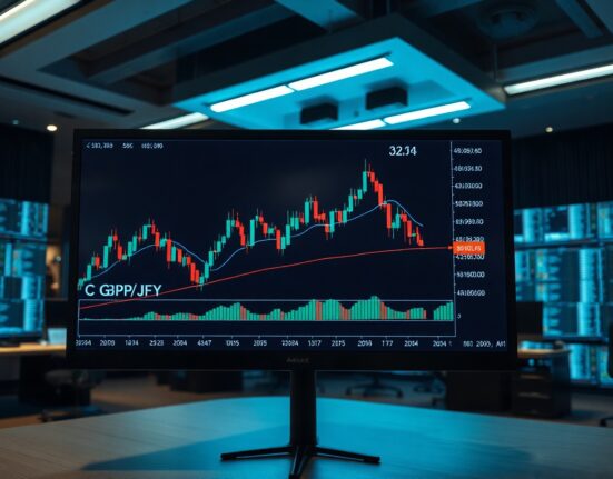 GBP/JPY forex chart with 50-day SMA on a trading monitor in a professional office