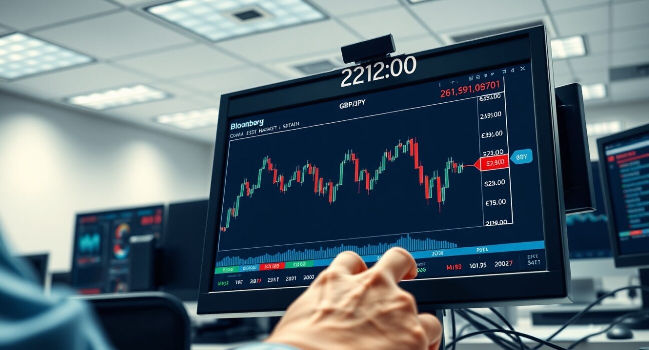 GBP/JPY forex analysis showing trading desk with currency pair chart displaying consolidation below key resistance level.