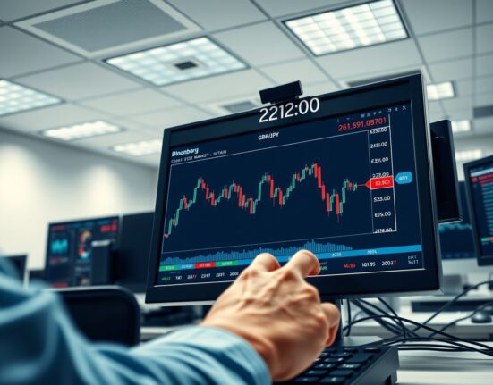GBP/JPY forex analysis showing trading desk with currency pair chart displaying consolidation below key resistance level.