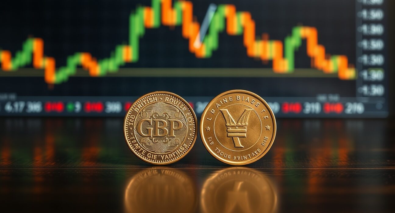 GBP/JPY currency pair analysis showing British pound and Japanese yen coins with trading chart background ahead of Bank of England decision.