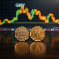 GBP/JPY currency pair analysis showing British pound and Japanese yen coins with trading chart background ahead of Bank of England decision.