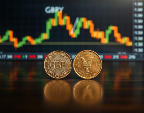 GBP/JPY currency pair analysis showing British pound and Japanese yen coins with trading chart background ahead of Bank of England decision.