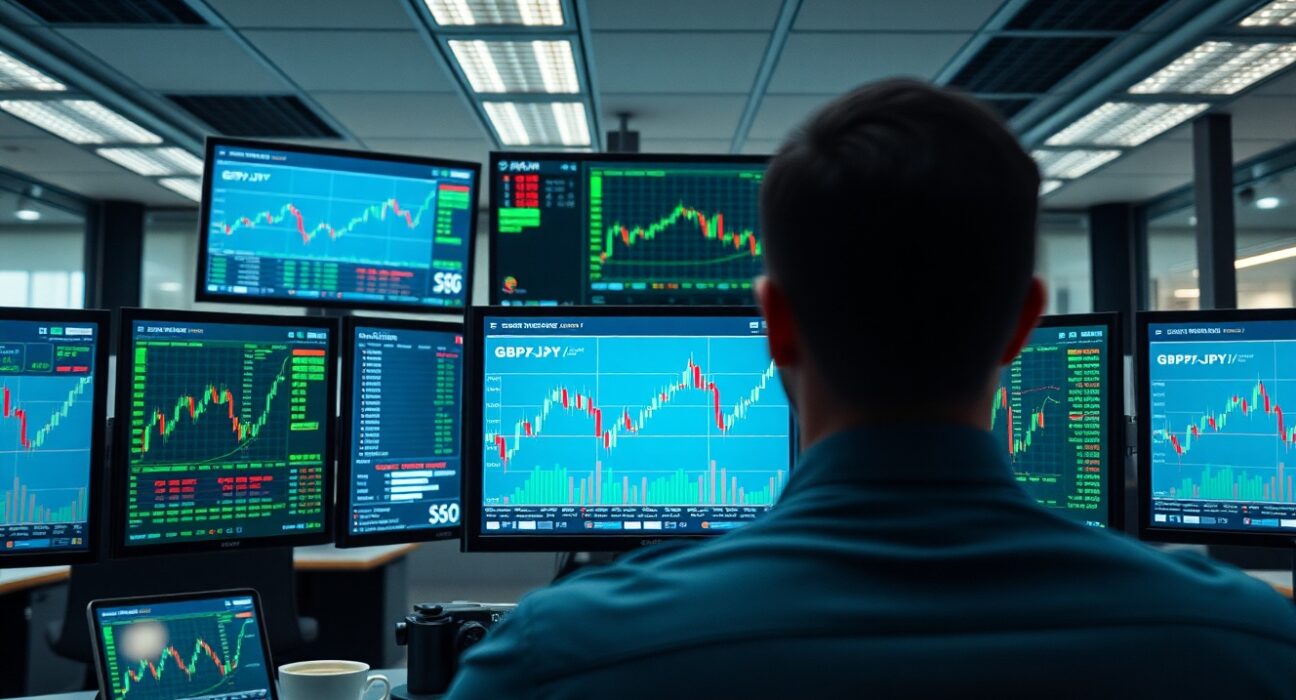 Financial trading desk with GBP/JPY chart showing upward movement