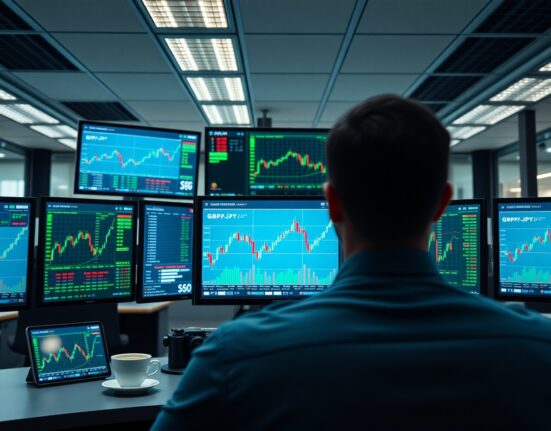 Financial trading desk with GBP/JPY chart showing upward movement
