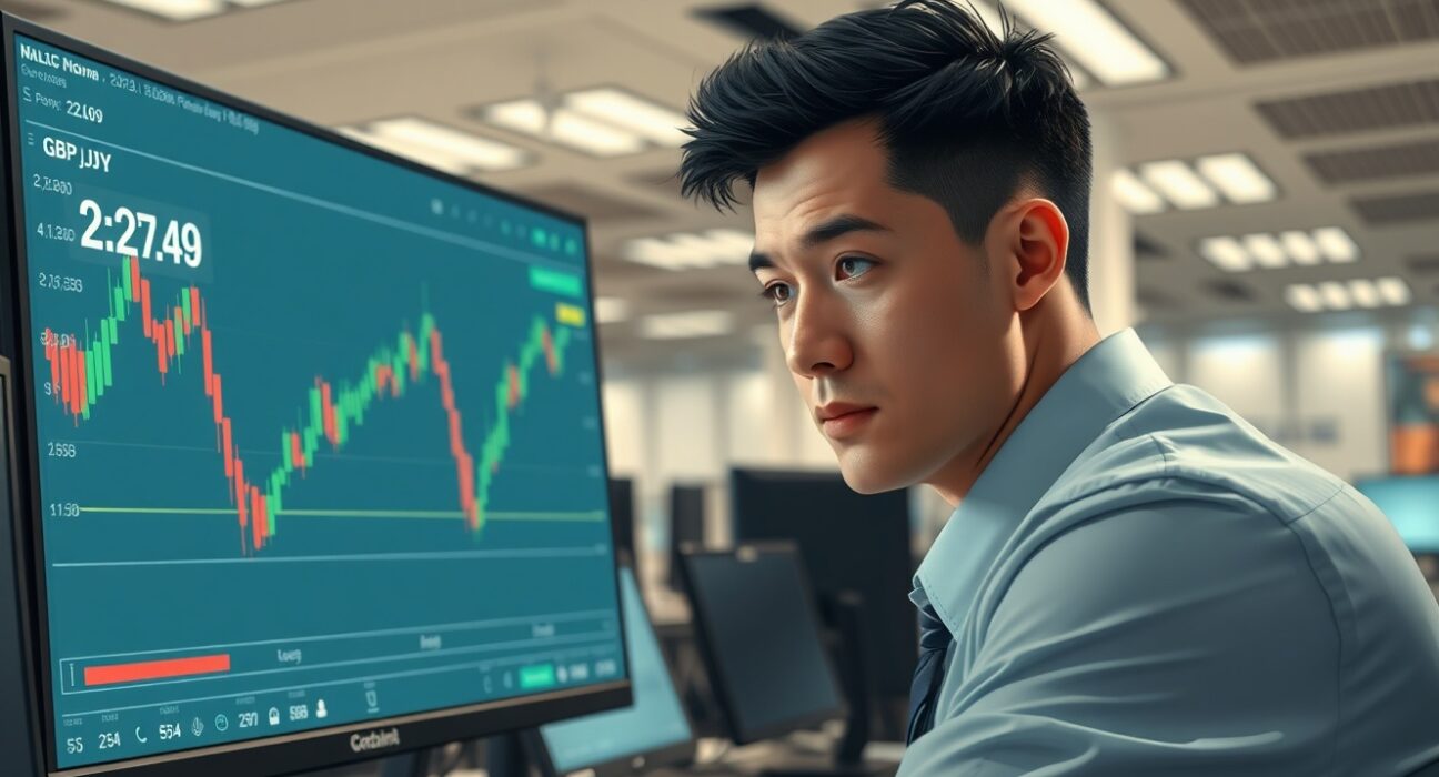 Trader analyzing GBP/JPY forex chart as the currency pair rises near 214.60.